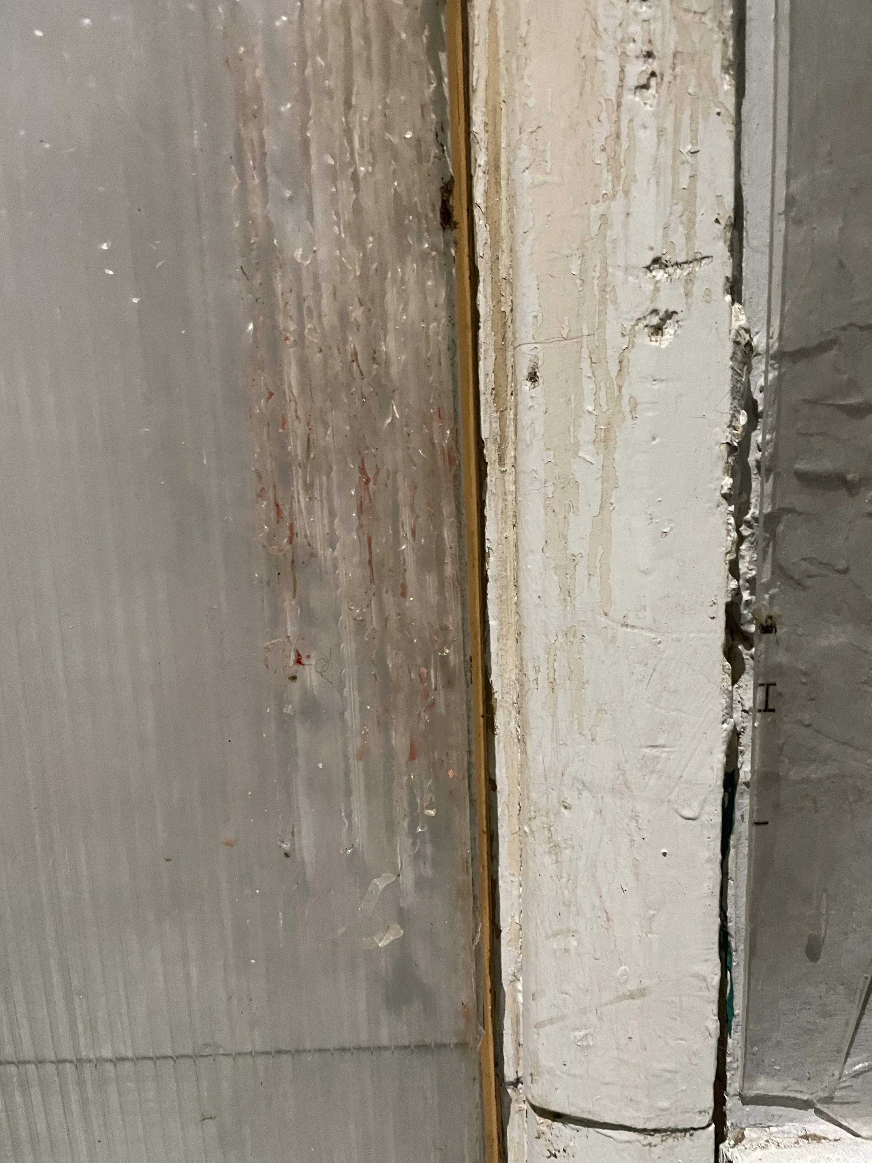Blood stains and plastic shards on a door, indicative of a distressed dog scratching