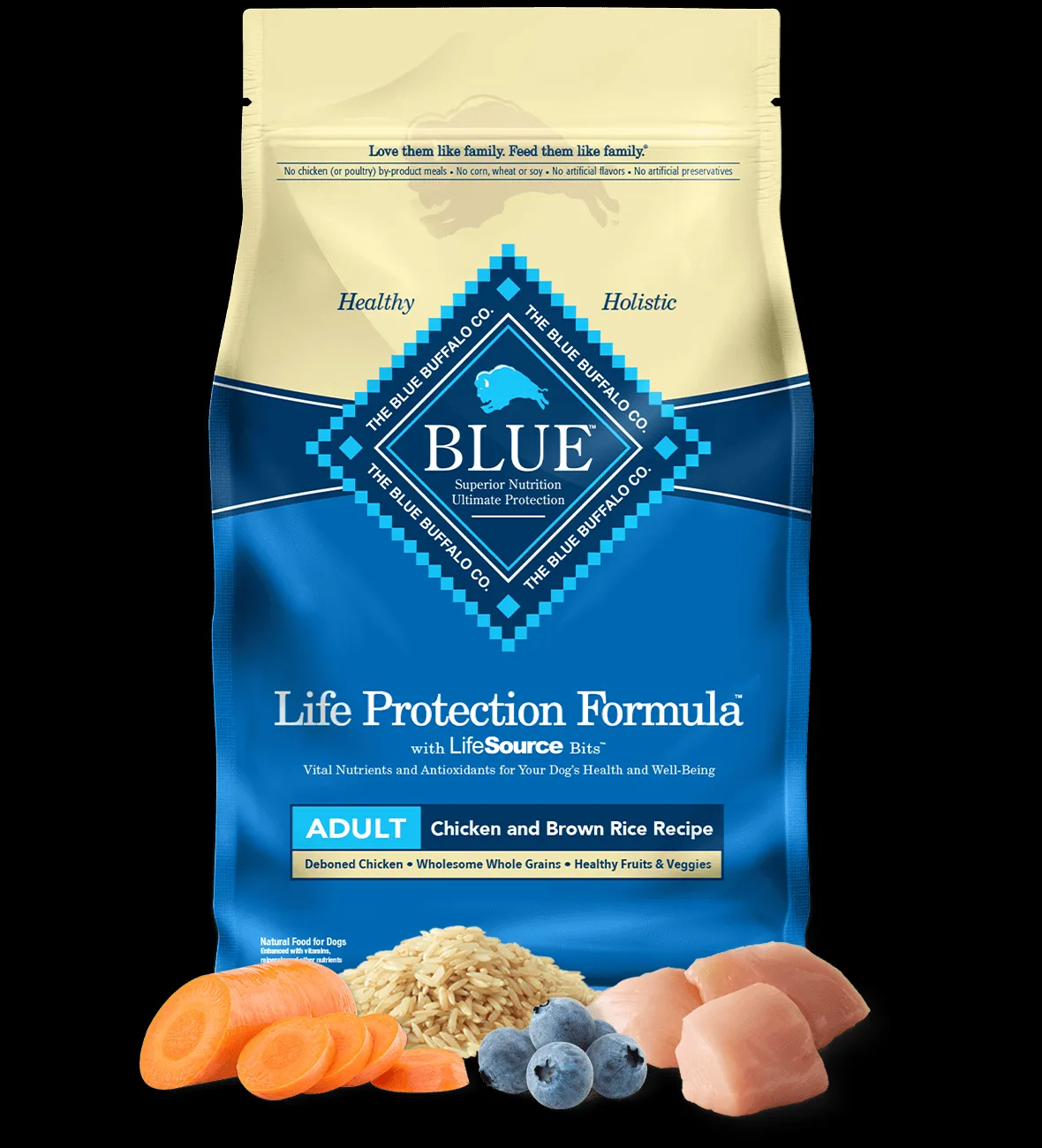 Blue Buffalo Life Protection Formula Adult Dog Chicken and Brown Rice Recipe dog food bag with visible ingredients