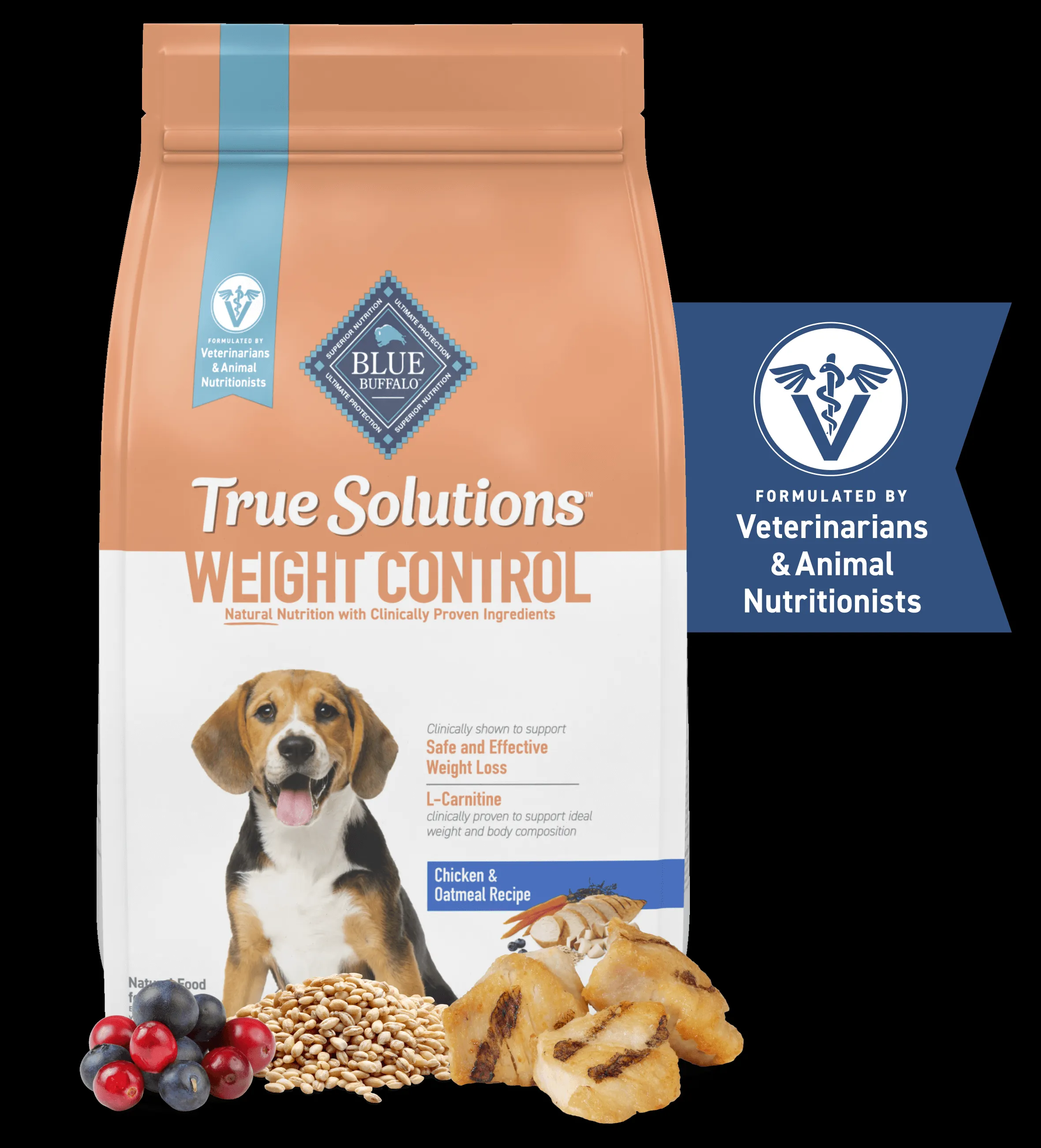 Blue Buffalo True Solutions Weight Control Chicken & Oatmeal Recipe bag with a dog silhouette