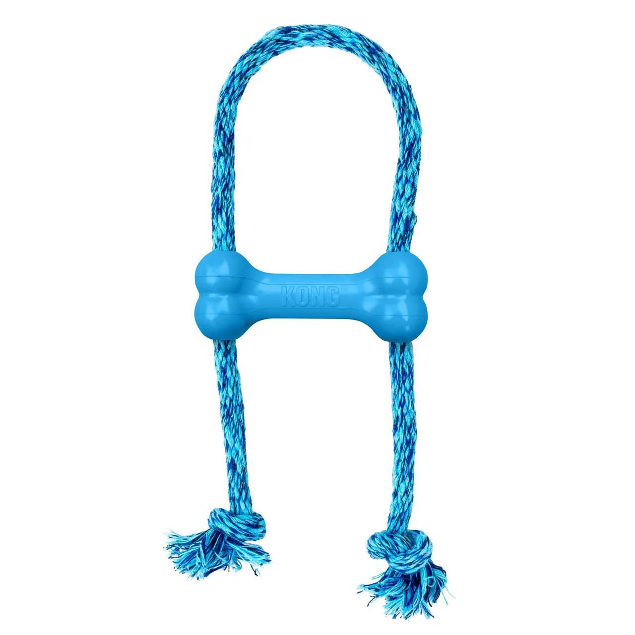 Blue KONG Puppy Goodie Bone with attached cotton rope, showcasing multiple chew textures