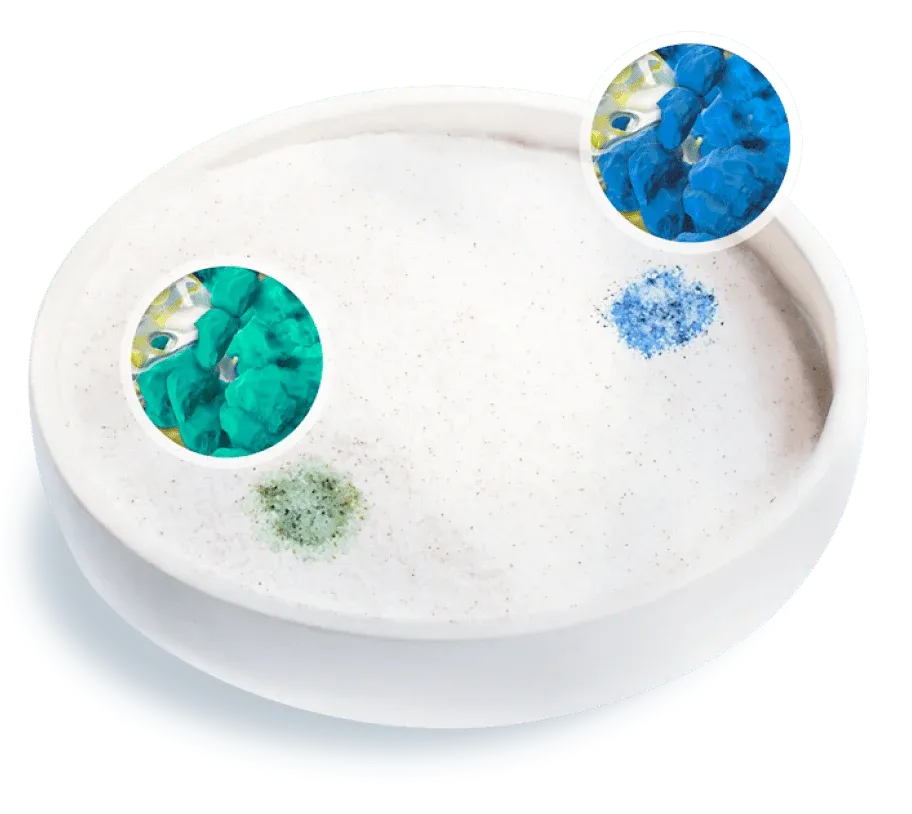 Bowl of PrettyLitter with green and blue spots and close-up views