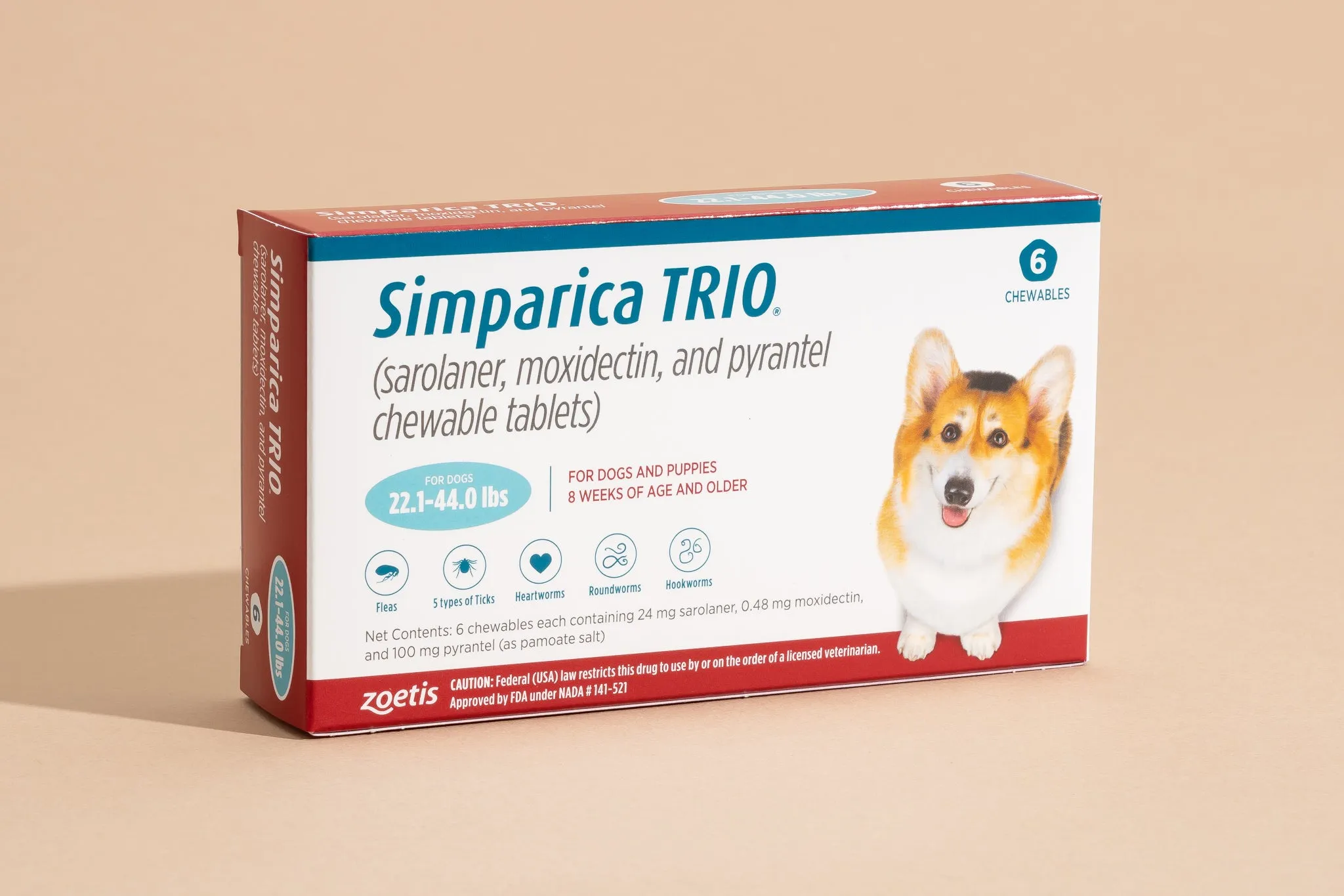 Box of Simparica Trio Chewable Tablets for Dogs, a comprehensive parasite preventative.