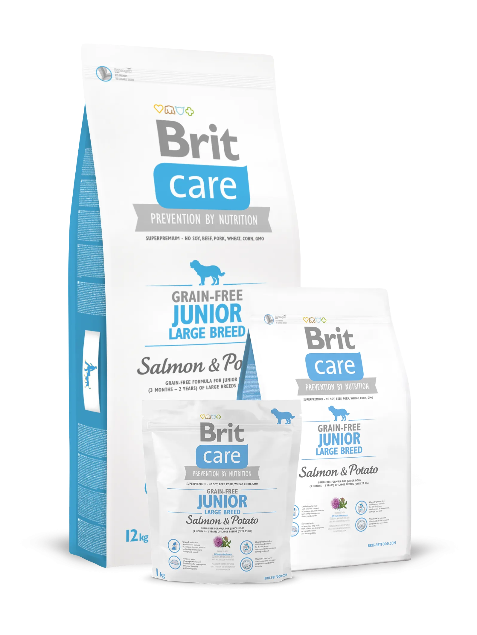 Brit Care Grain-Free Junior Large Breed Salmon & Potato kibble close-up showing texture and salmon pieces