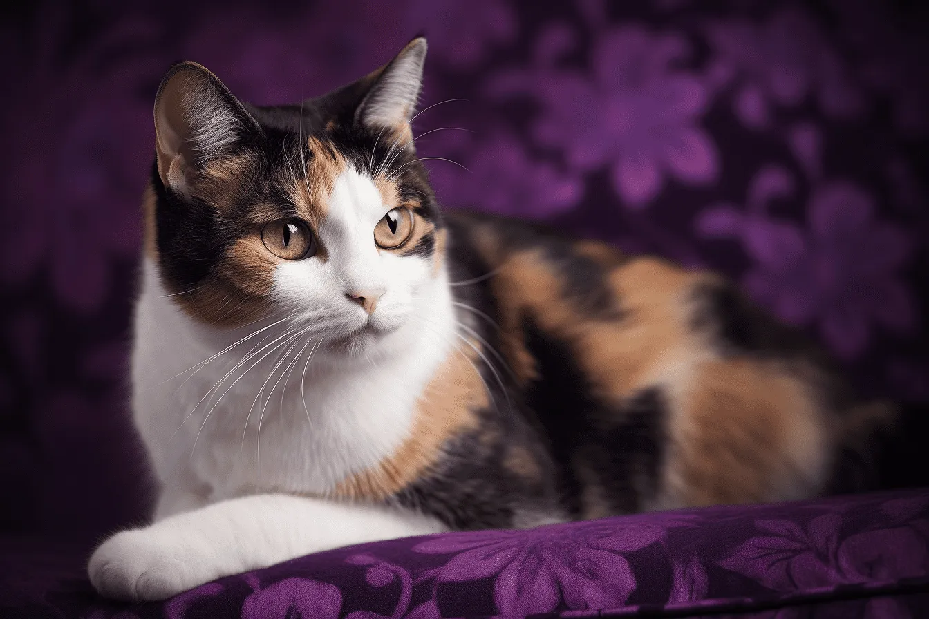 Calico cat lounging on purple couch under studio lighting