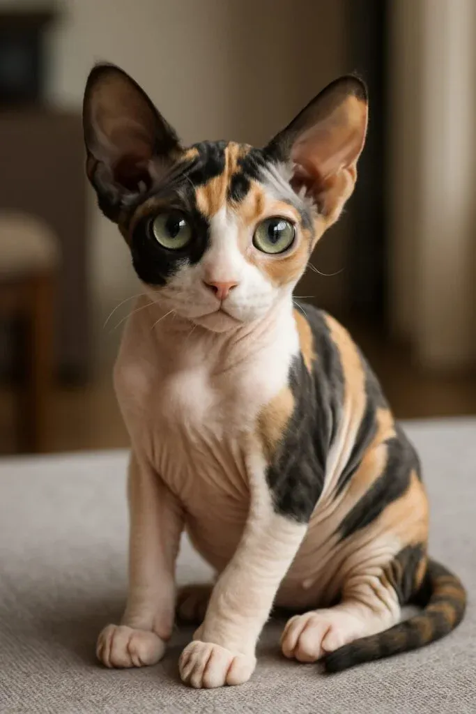 Calico Sphynx kitten showcasing rare white, black, and orange skin patterns