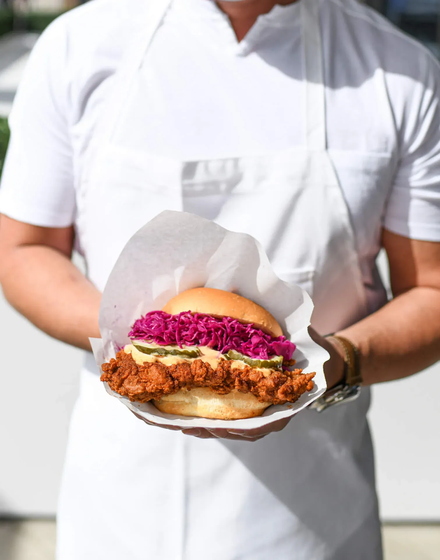 Chef Viet Pham's signature hot chicken preparation at Pretty Bird Hot Chicken