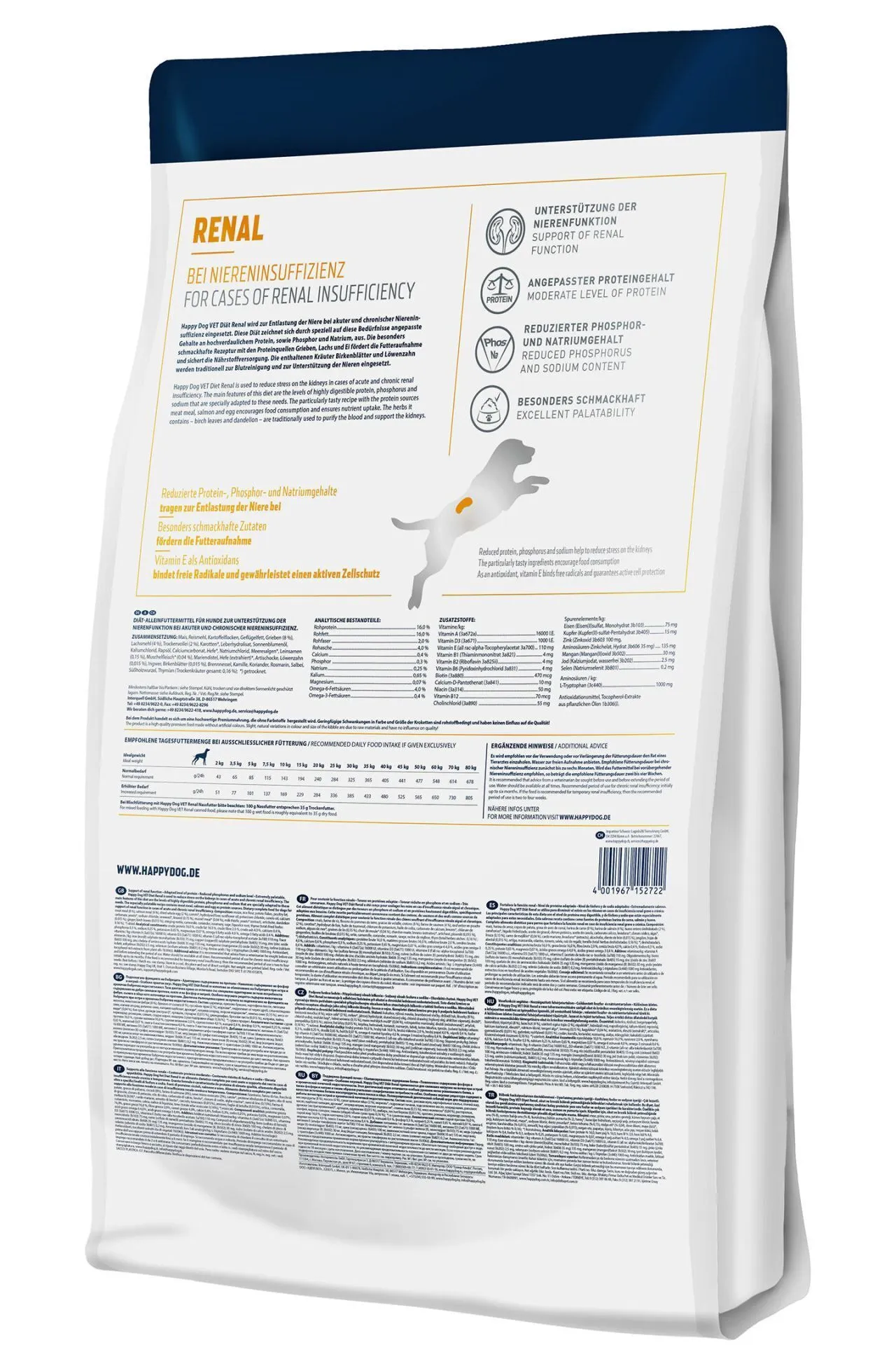 Close-up image of the back of Happy Dog VET Diet Renal dry dog food packaging, detailing ingredients and feeding recommendations.