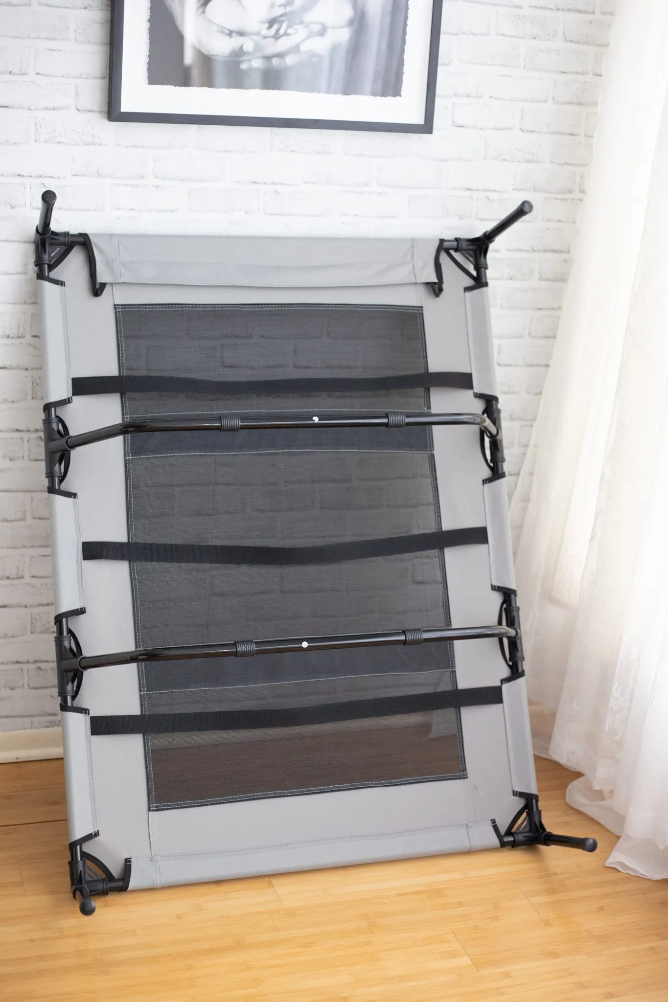 Close-up of a well-constructed dog bed frame with square edges, highlighting its robust design.