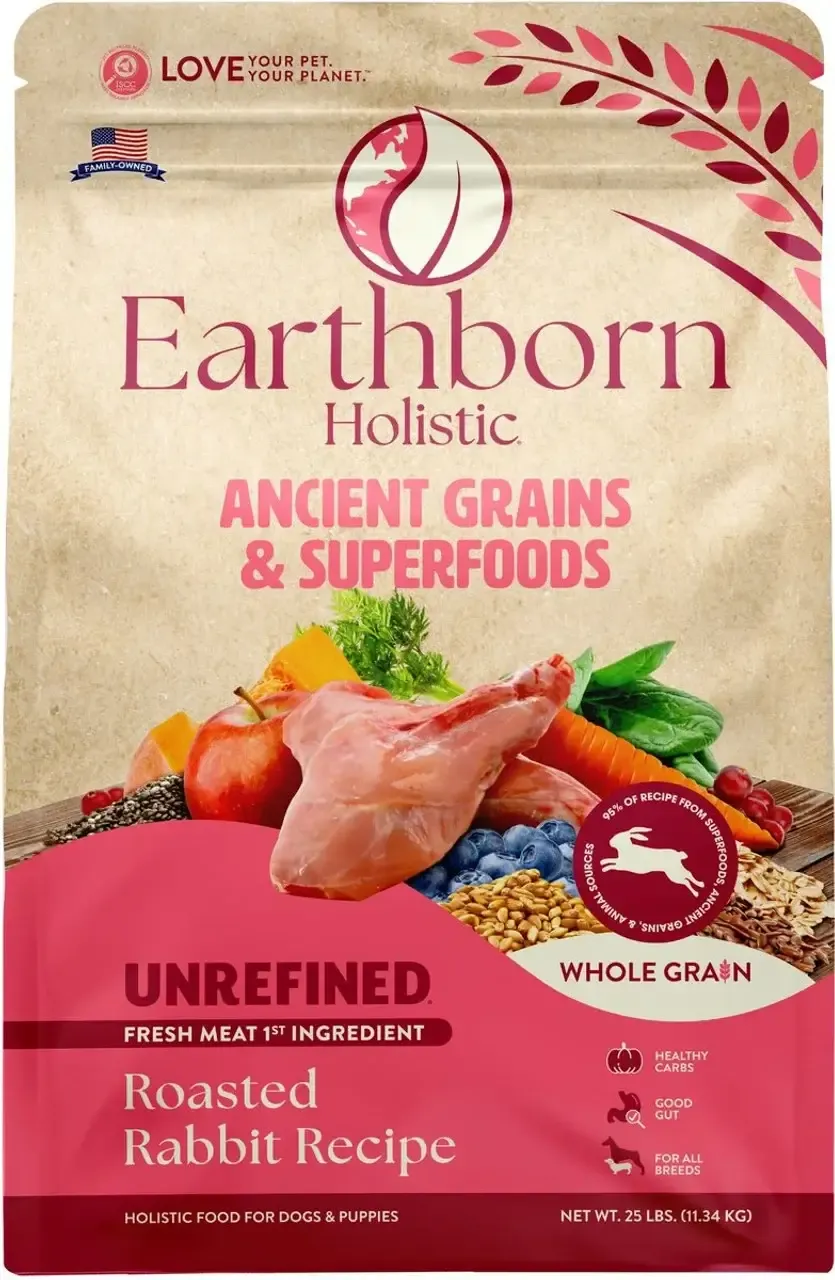 Close-up of Earthborn Holistic Unrefined ingredients like rabbit, grains, and superfoods