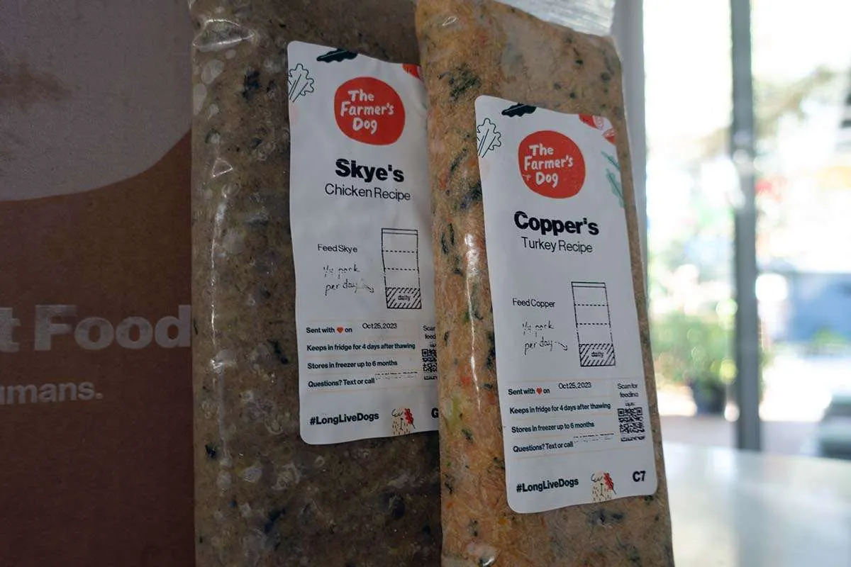 Close-up of gently cooked Farmer’s Dog food pouch showing fresh texture