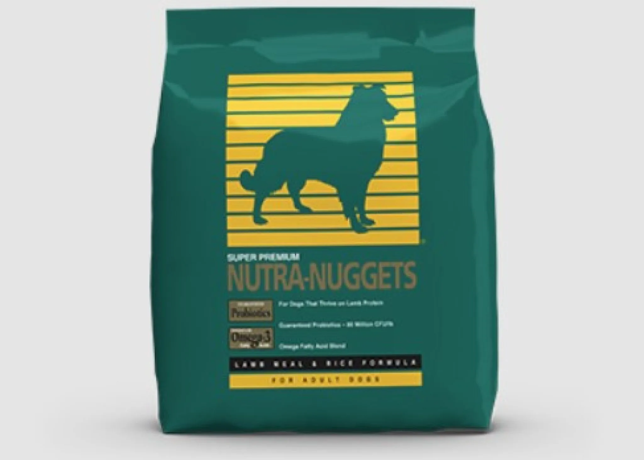 Close-up of Nutra Nuggets dog food kibble in a bowl, highlighting its texture and color