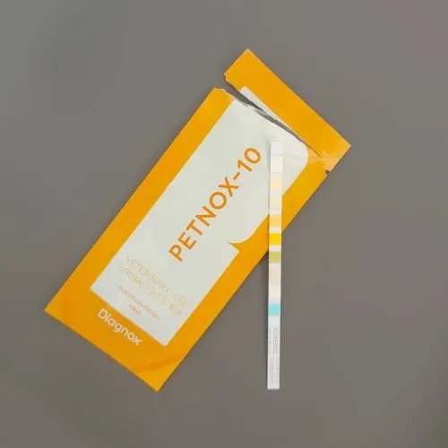 Close-up of Petnox-10 urine test strips, demonstrating a convenient and reliable way for pet owners to conduct at-home health assessments for their dogs.