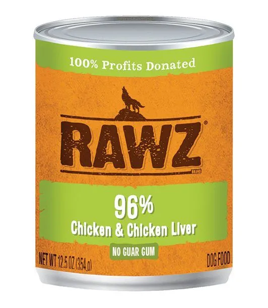 Close-up of Rawz 96% Chicken & Chicken Liver Dog Food in a can