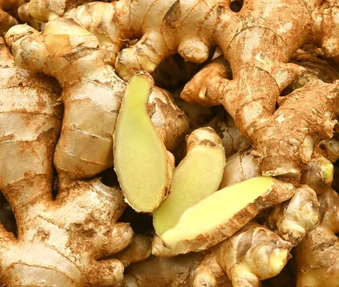 Closeup of ginger pieces, a natural home remedy for canine gas