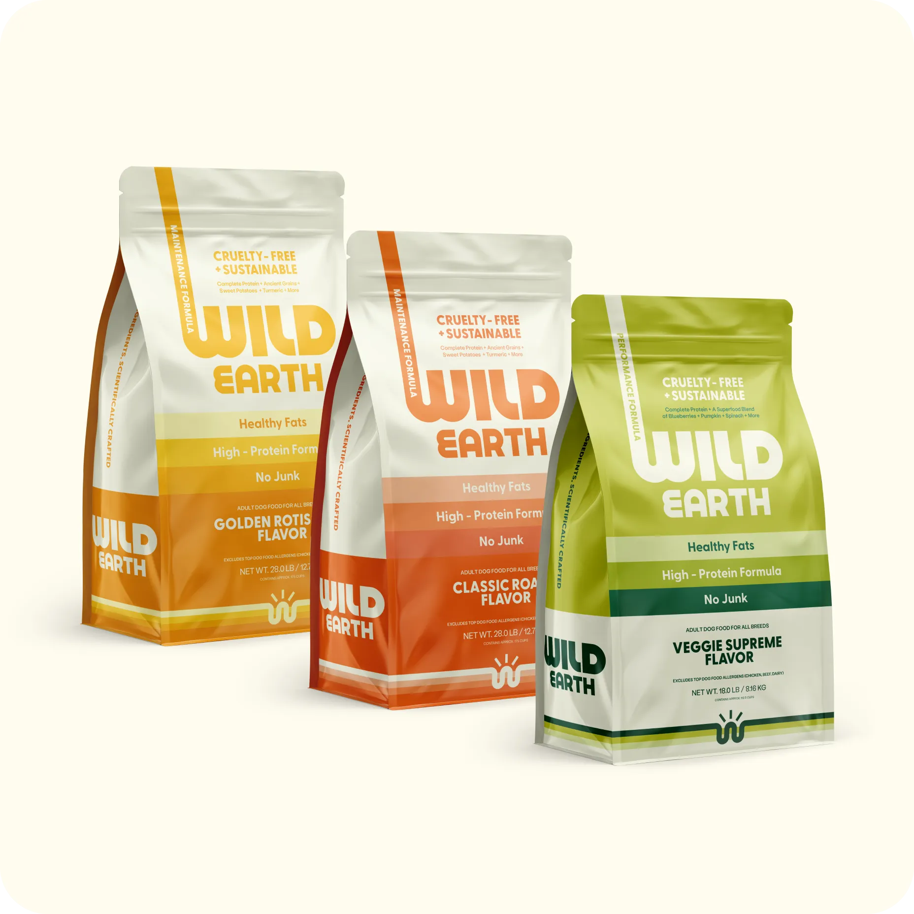 Collection of Wild Earth plant-based pet food kibble