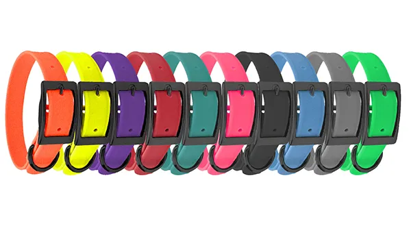 Colorful BioThane dog collars from Dogline, showcasing various vibrant options