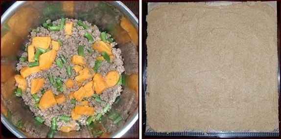 Cooked ground beef and vegetables for dehydrated dog food