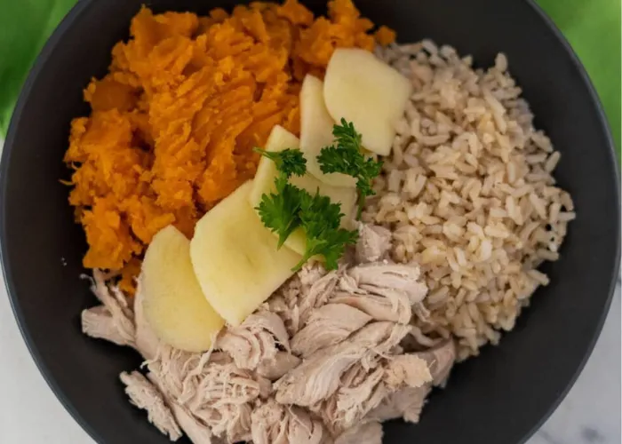 Cooked turkey and mashed sweet potatoes mixed with peas for a homemade dog meal