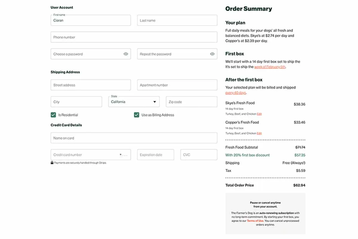 Copper and Skye’s customized Farmer’s Dog pricing plan screenshot