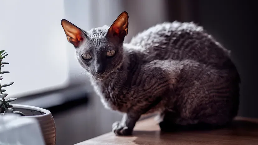Cornish Rex cat with curly fur and large ears