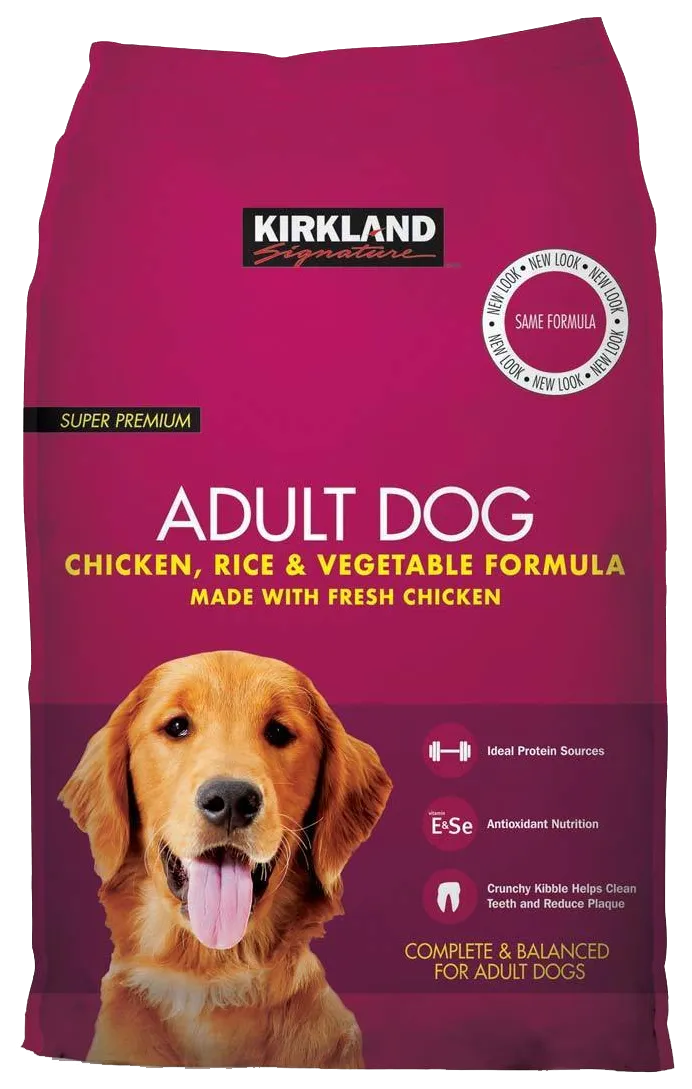 Costco Kirkland Dog Food bag displaying chicken recipe