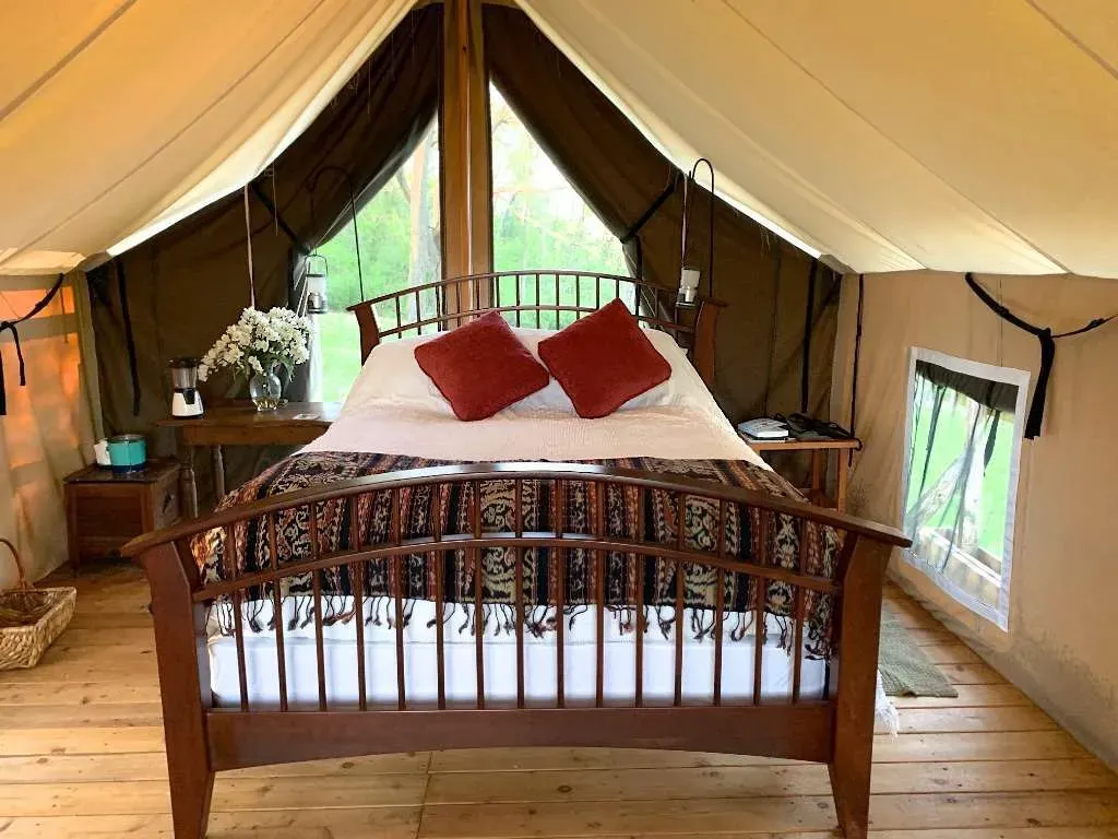 Cozy interior of a safari tent on a farm