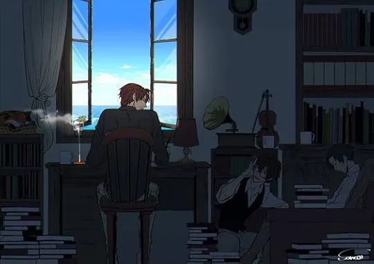 Dazai and Odasaku in a melancholic setting, reflecting on their past