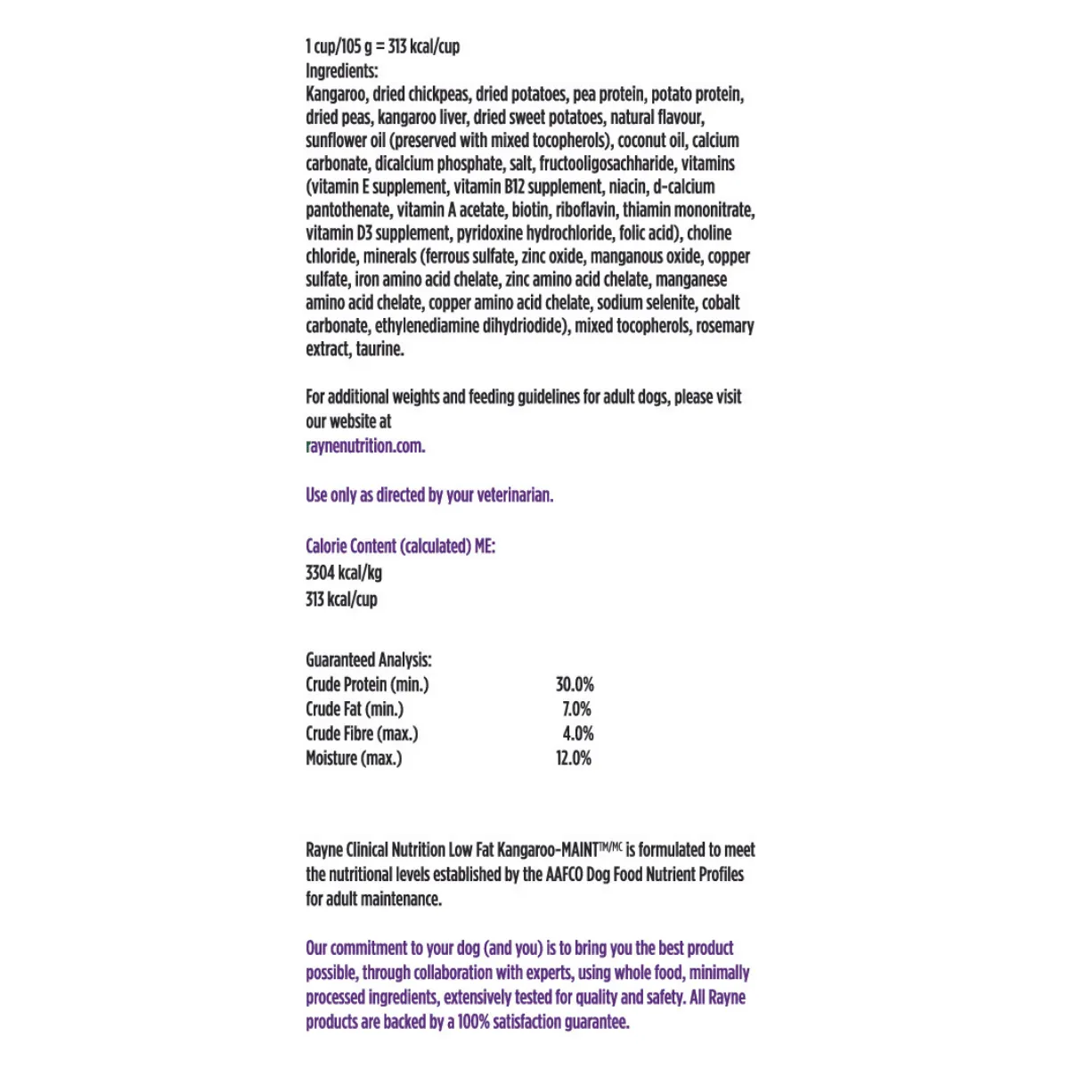 Detailed view of the ingredients list on Low Fat Kangaroo-MAINT Dry Dog Food packaging