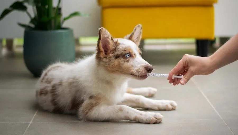 Dog receiving oral medication from a syringe on a tiled floor with potted plant, taken at Beacon Emergency Veterinary Hospital.