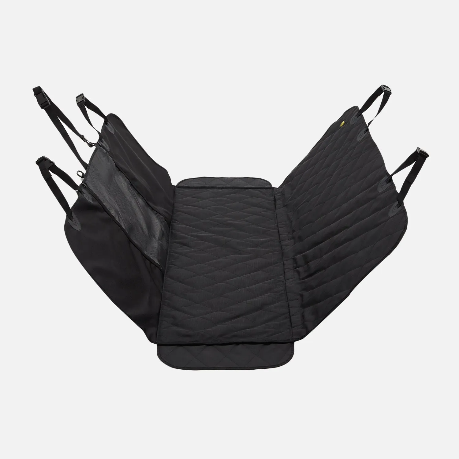 Dog resting comfortably on a black heavy-duty ripstop car seat cover in the back of an SUV