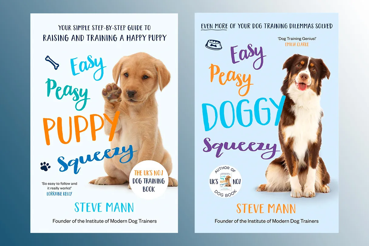 Easy Peasy Puppy Squeezy & Easy Peasy Doggy Squeezy book covers on a blue background