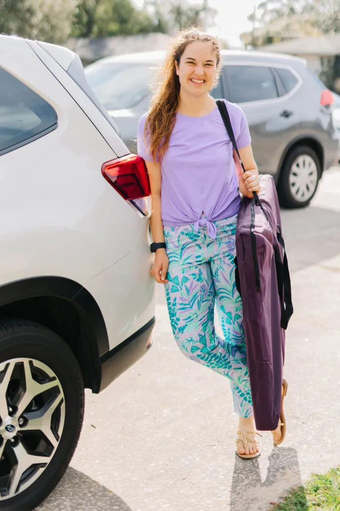 EliteField collapsible dog crate stored upright in the back of a Nissan Rogue SUV