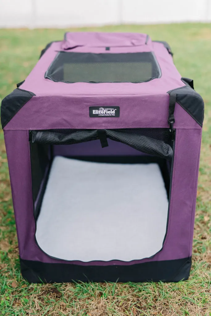 EliteField soft sided dog crate with its washable pad and convenient storage pockets.