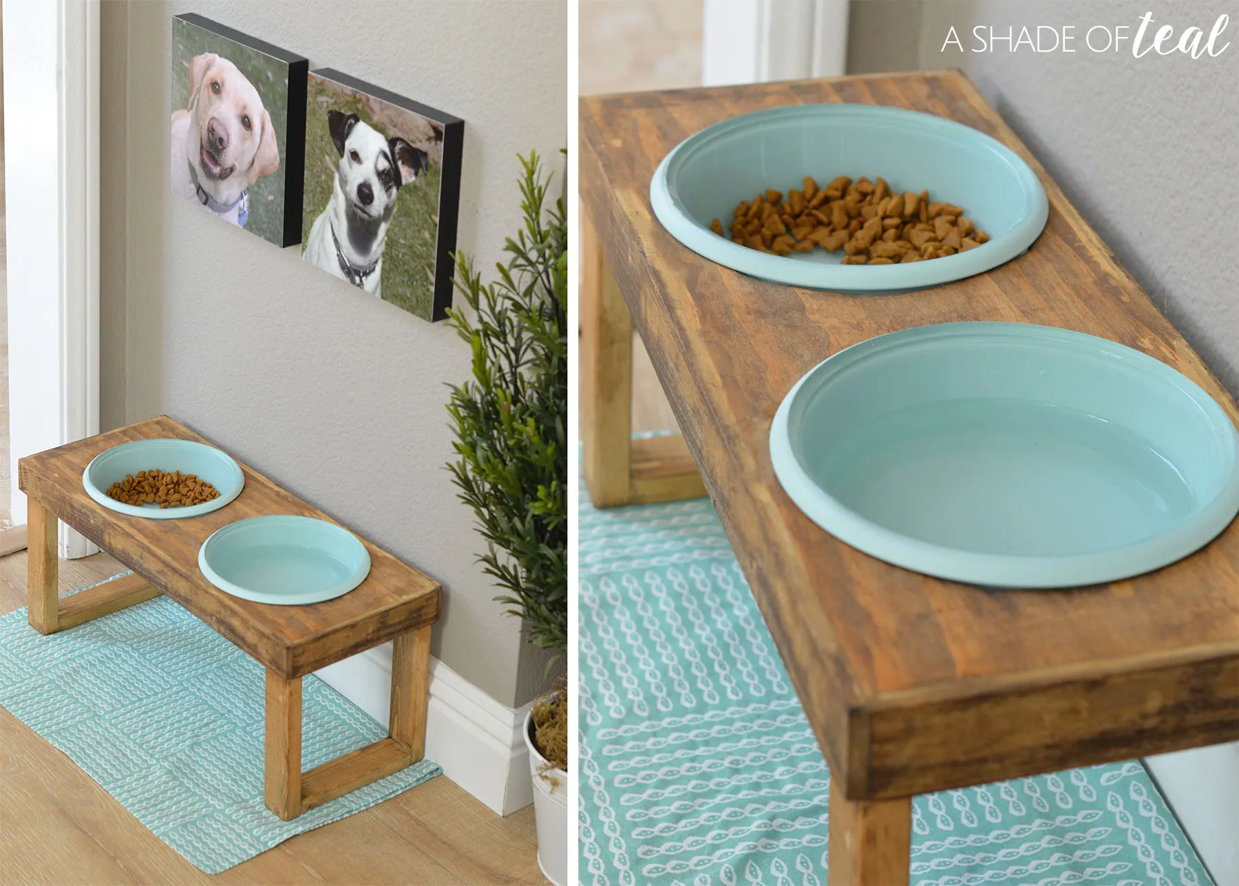 Finished raised dog feeder stand, stained and ready for bowls