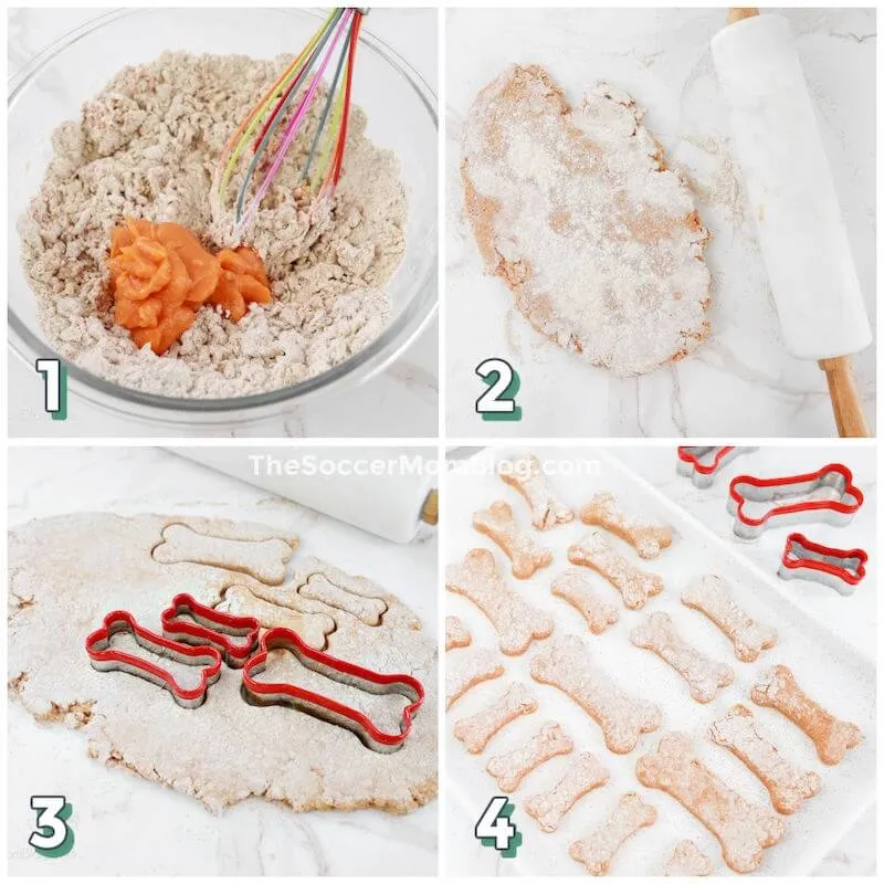 Four-step photo collage showing how to mix, roll, cut, and bake homemade dog biscuits.