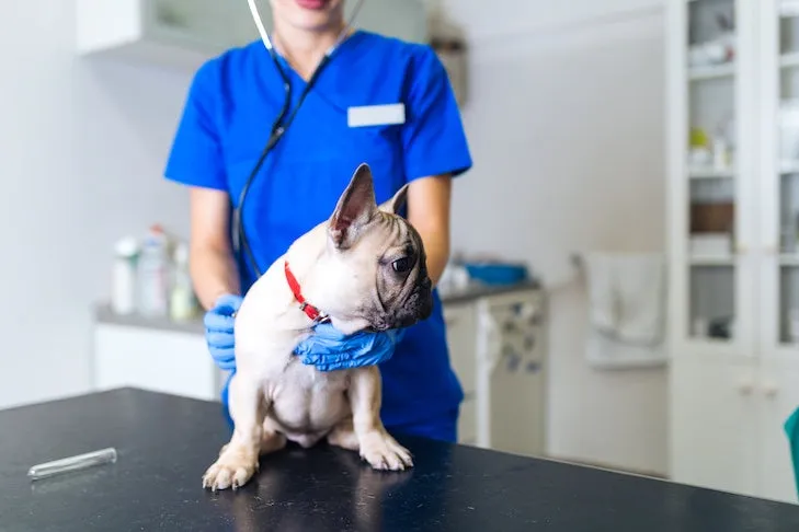 French Bulldog undergoing an examination by a veterinarian.