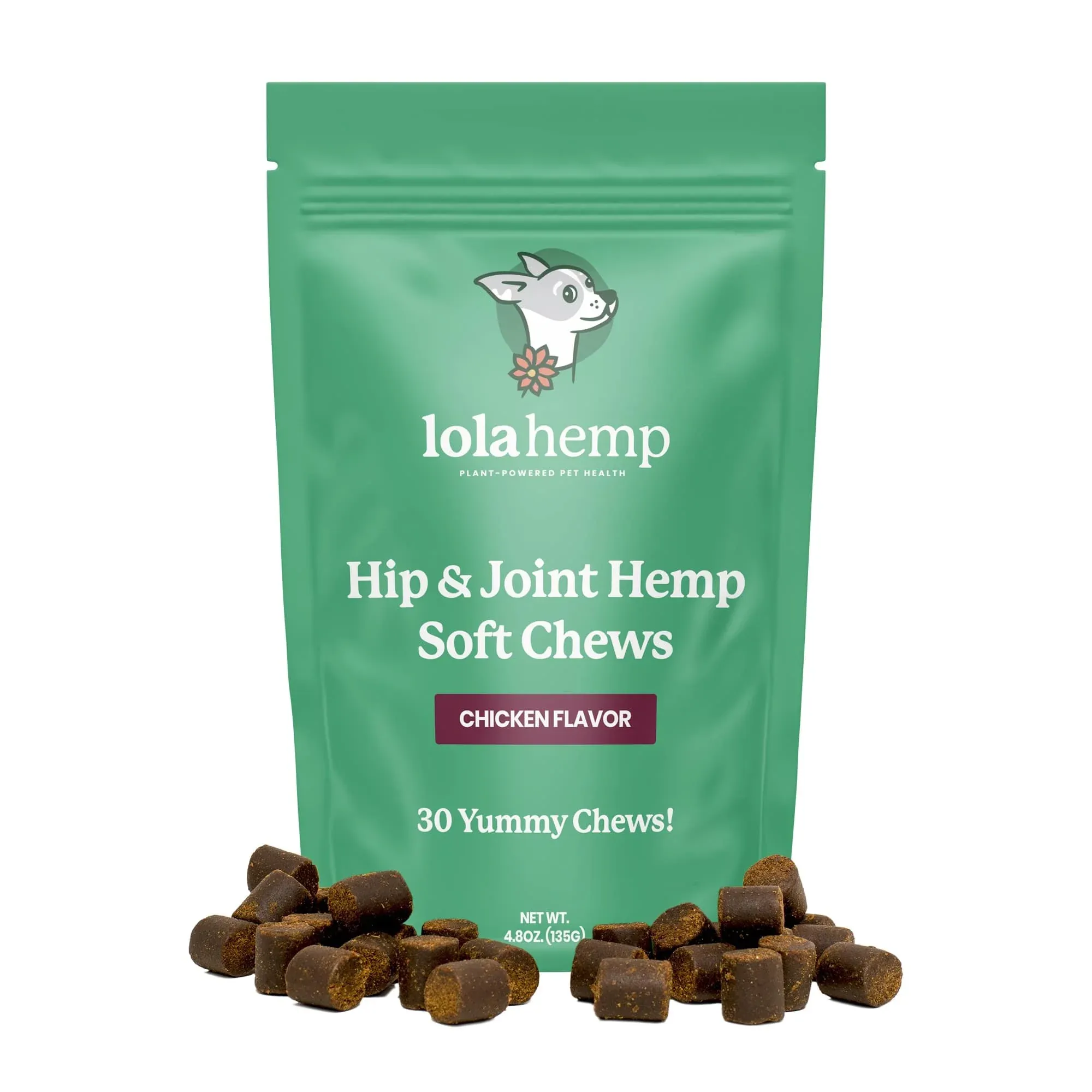 Front of Green colored bag of regular strength lolahemp hip and joint hemp soft chews