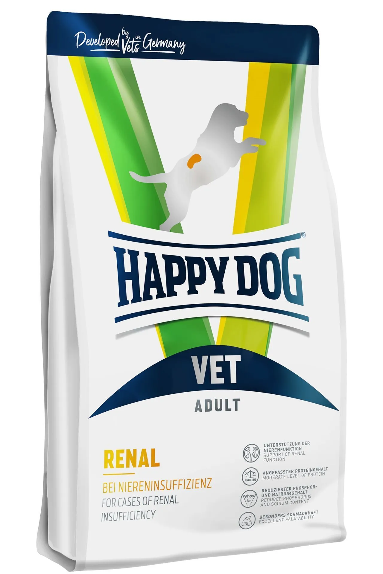 Front view of Happy Dog VET Diet Renal dry food bag, stating "Support for kidney function. Developed by veterinarians in Germany."