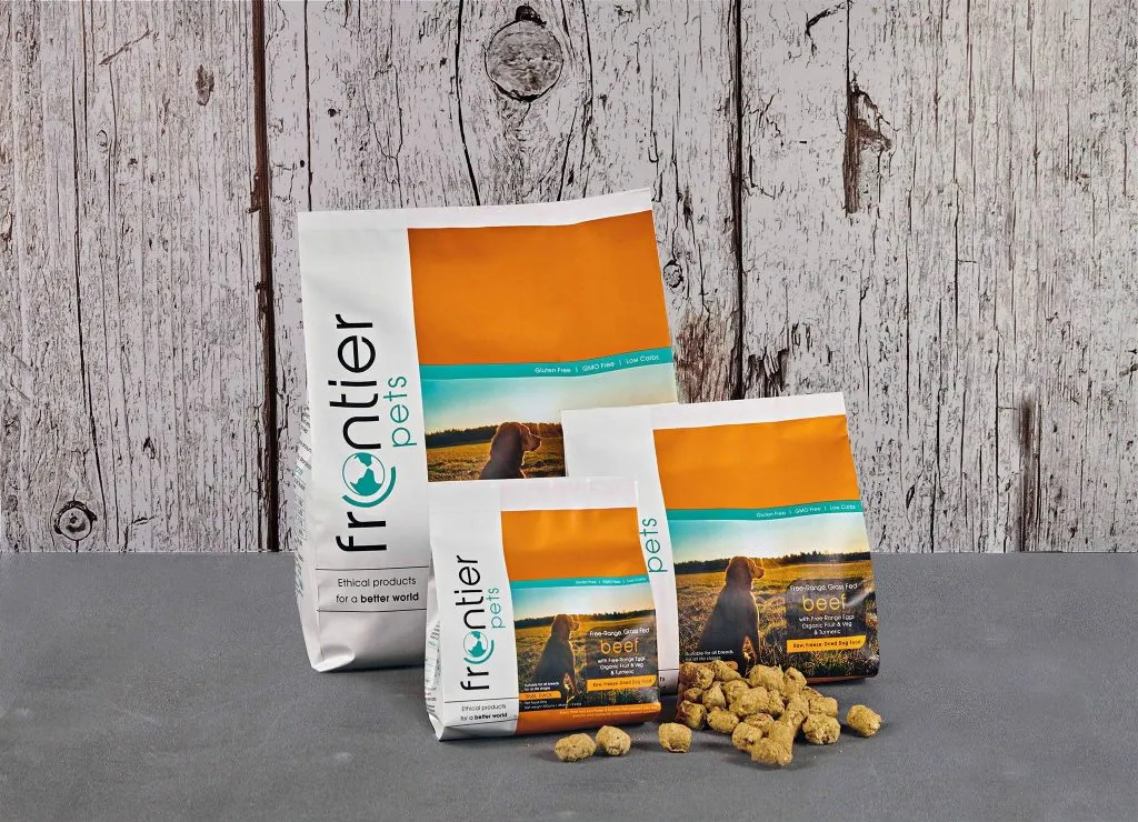 Frontier Pets freeze-dried raw dog food packaging with natural ingredients