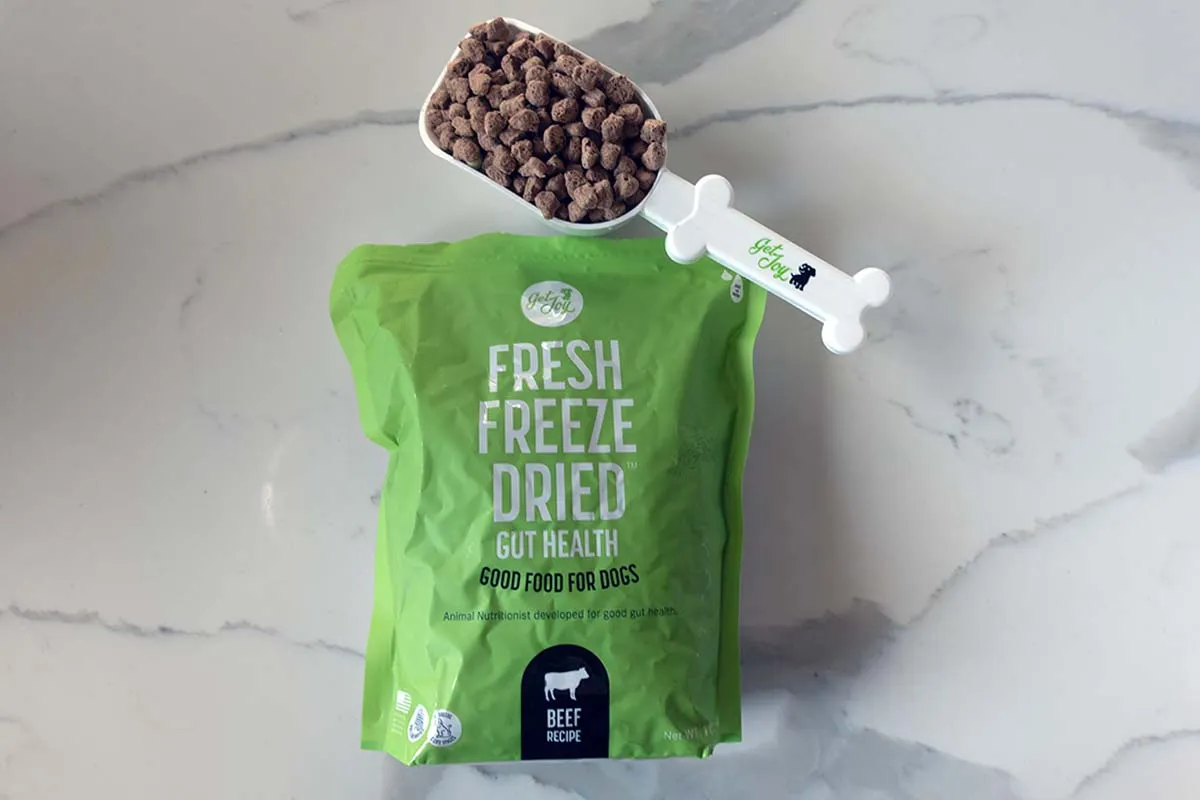 Get Joy freeze-dried raw dog food in a bowl