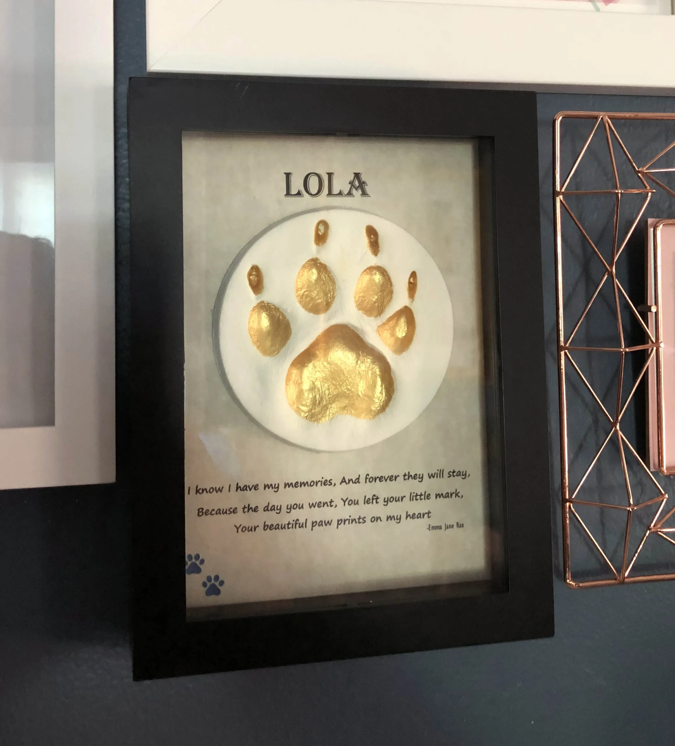 Golden paw print framed memorial for a beloved pet