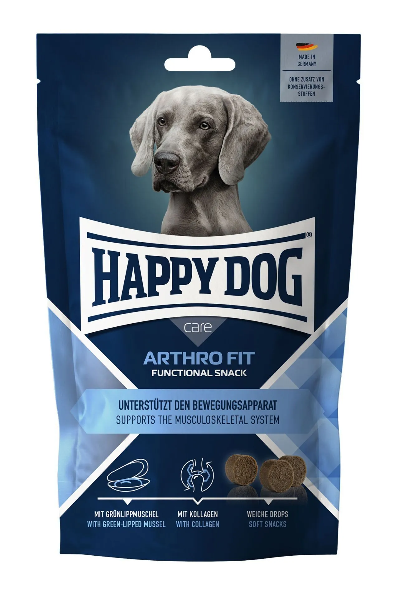 Happy Dog Care Arthro Fit snack packaging, designed to support the musculoskeletal system in dogs.