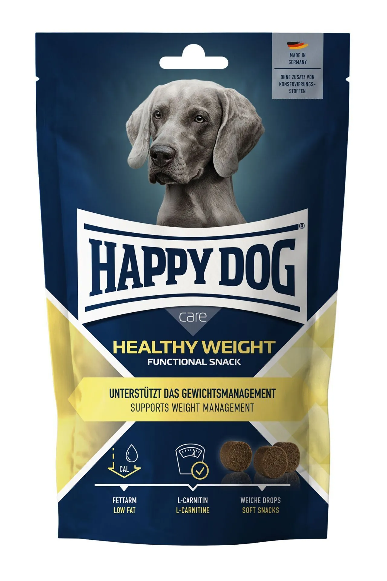 Happy Dog Healthy Weight functional snack packaging, highlighting low-fat content and L-Carnitine for weight management.