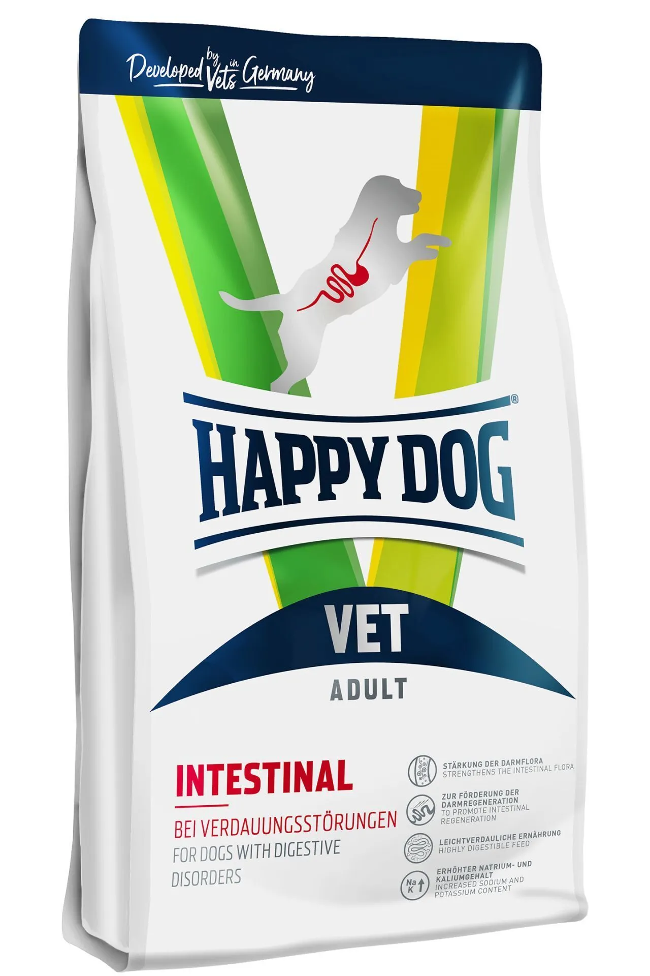 Happy Dog VET Diet Intestinal packaging, showing a dog with digestive system graphics