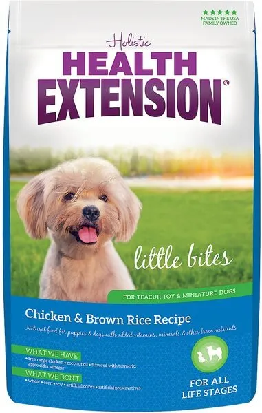 Health Extension Little Bites Chicken and Brown Rice Dry Dog Food close-up showing kibble texture and ingredients