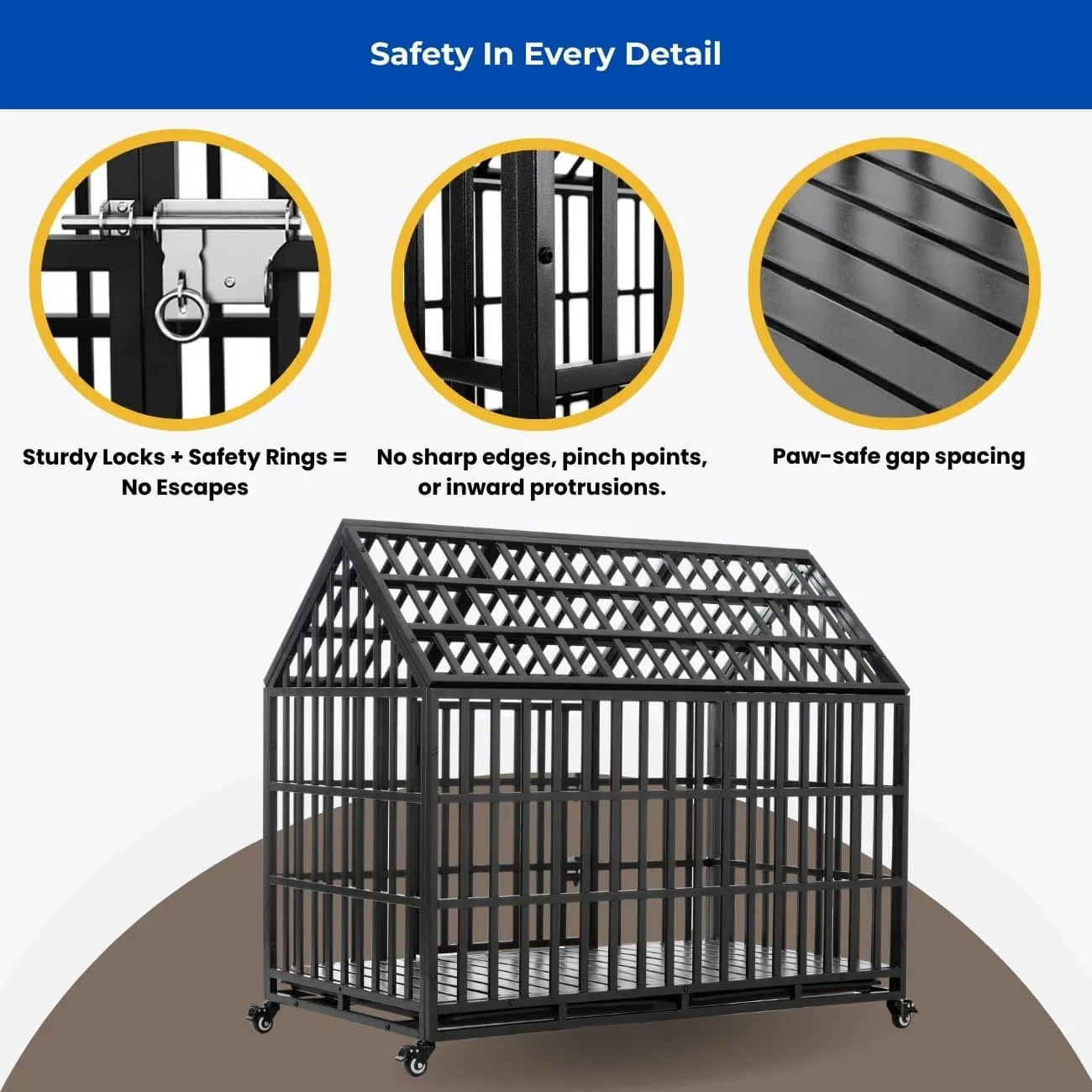 House-shaped dark metal dog kennel with pitched roof, showing secure latches, smooth joints, and paw-safe bar spacing