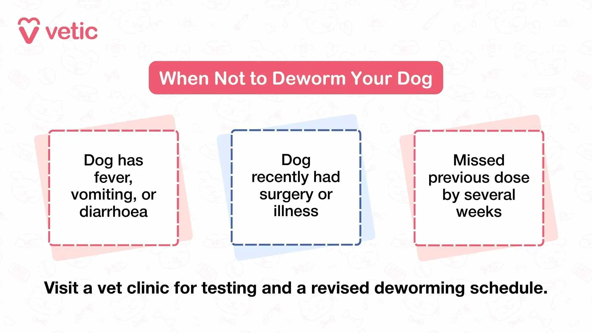 Image highlighting three key conditions under which deworming a dog should be postponed: fever, vomiting, or diarrhea; recent surgery or illness; and missed doses over several weeks.