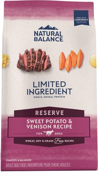 Image of Natural Balance Limited Ingredient Dry Dog Food bag and kibble