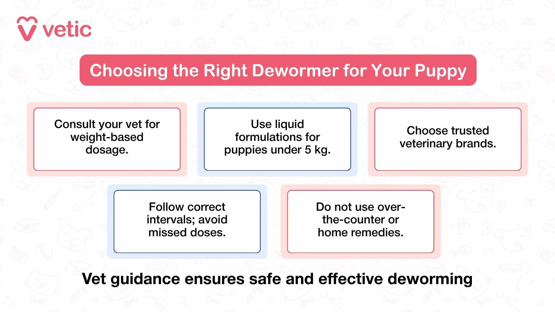 Image outlining six essential considerations for pet parents when choosing a dewormer for their puppy, including vet consultation, dosage, and brand.