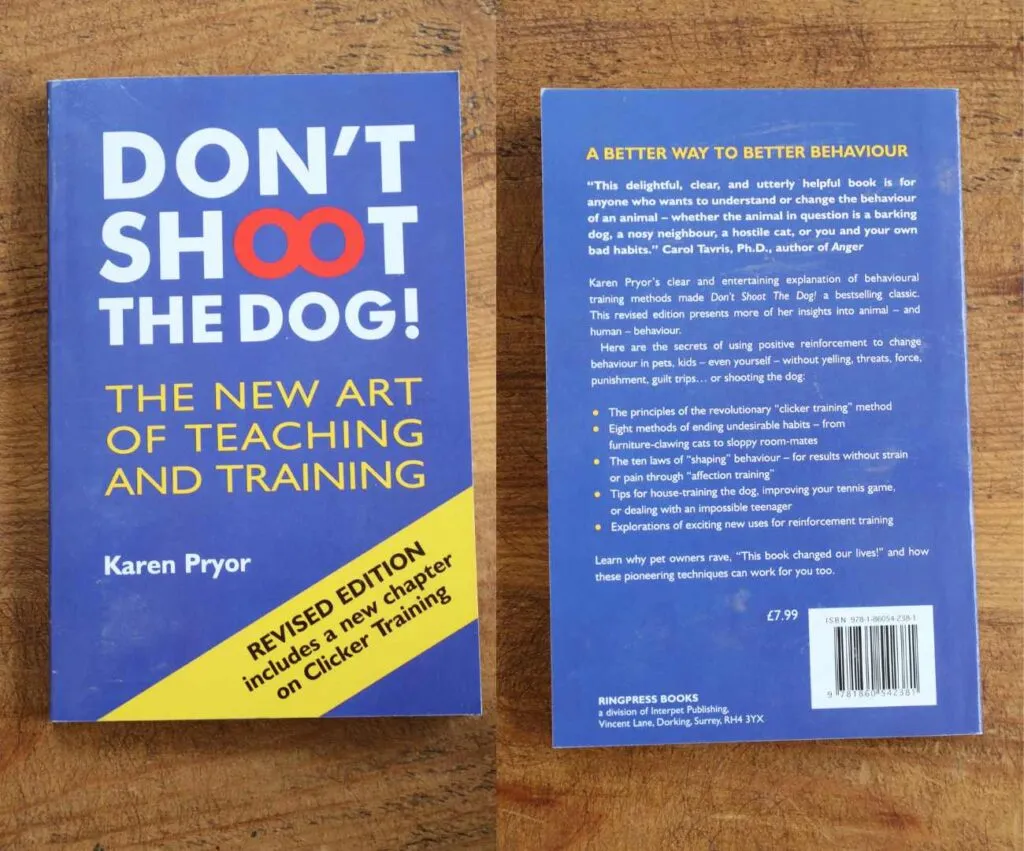 Karen Pryor's "Don't Shoot The Dog" book cover, a foundational text for force-free training methods.